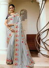 Grey Colour Wedding Wear Full Heavy Embroidery Work Border In Full Saree With Work In Pallu With Full Work Blouse Saree Collection 4113